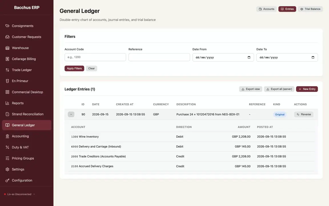 General ledger screen with one posted purchase expanded to show four balanced lines: wine inventory and delivery debited, trade creditors and accrued delivery charges credited, with a Reverse button on the entry.