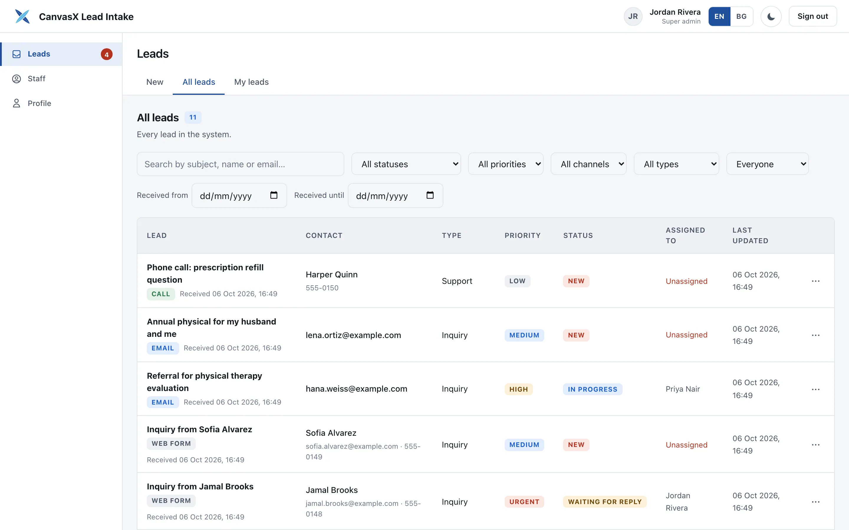 The all-leads view with demo data: a filter bar above a table of leads with channel, type, priority, status, assignee and last-updated columns.